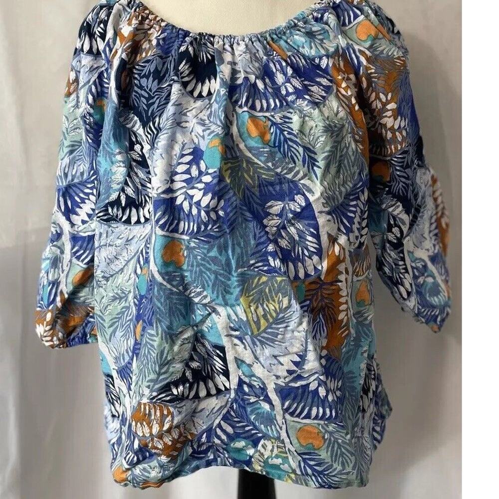 Hester & Orchard Women's Blouse Large 3/4 Sleeves Tropical Beachy Linen Blend